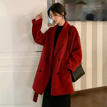 2024 Autumn and Winter Purely Handmade Double-sided Camel Hair Coat Womens Mid-Length Korean Style Lace-Up Simple High-Quality Versatile Jacket