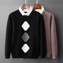 Fake collar fake two sweater mens net red sweater warm Mens sweater thick autumn and winter handsome trend