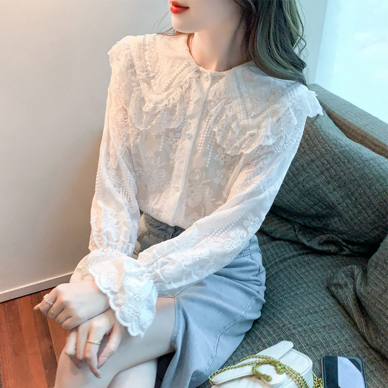 Нишевая мода в западном стиле, кружевная блузка с длинными рукавами и отворотом, шифоновая кружевная рубашка с кукольным воротником, женская летняя 2025, новый стиль