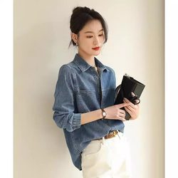 Spring New Style Washed Blue Regular Shoulder Denim Shirt for Women, Autumn and Winter Layering Shirt, Petite French Retro Top