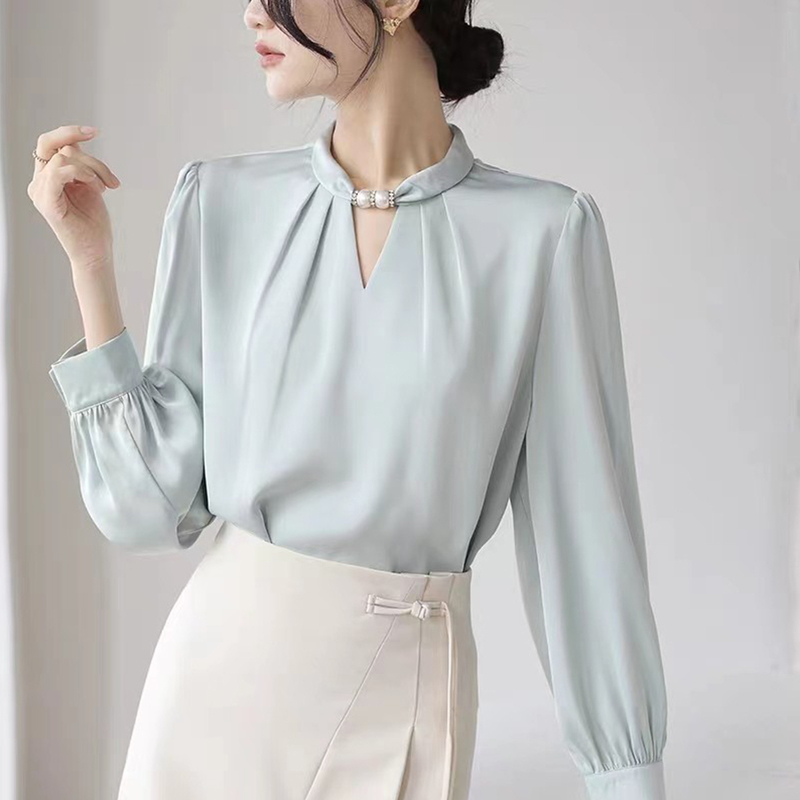 French Commuter Style Pearl-Decorated Stand-Up Collar Shirt for Women, Long-Sleeved, Retro, Fashionable, Versatile Top, New Autumn Style French Commuter Style Pearl-Decorated Stand-Up Collar Shirt for Women, Long-Sleeved, Retro, Fashionable, Versatile Top, New Autumn Style