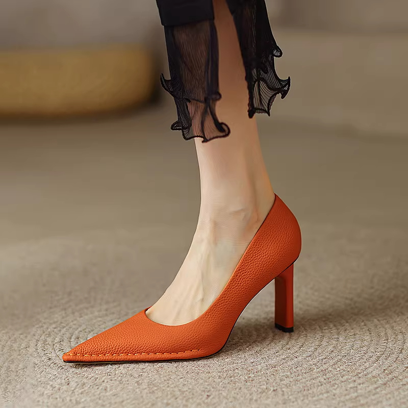 7cm New Height-Increasing Orange Pointed-Toe High Heels, Spring and Autumn New French-Style Niche Soft Leather Chunky Heel Shallow Mouth European and American Style Single Shoes