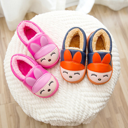 儿童棉拖鞋冬季包跟PU皮防水男女童软底防滑