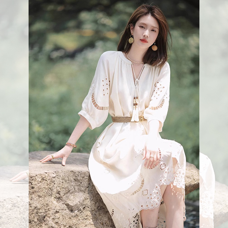 Bohemian Style French Hollow-Out V-Neck White Dress for Women, Unique and Beautiful Ethnic Style Long Dress for Summer
