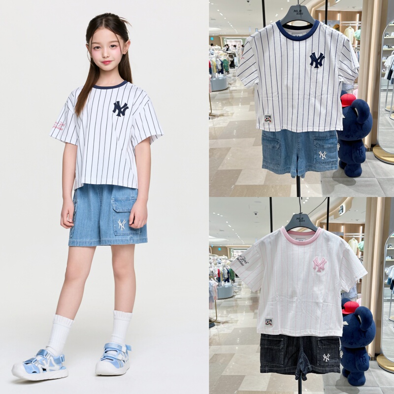 Korean Direct Mail Purchase Mlb Girls' Vertical Striped Short-Sleeve T-Shirt and Denim Shorts Stylish Two-Piece Set 26 Summer 0363 Korean Direct Mail Purchase Mlb Girls' Vertical Striped Short-Sleeve T-Shirt and Denim Shorts Stylish Two-Piece Set 26 Summer 0363