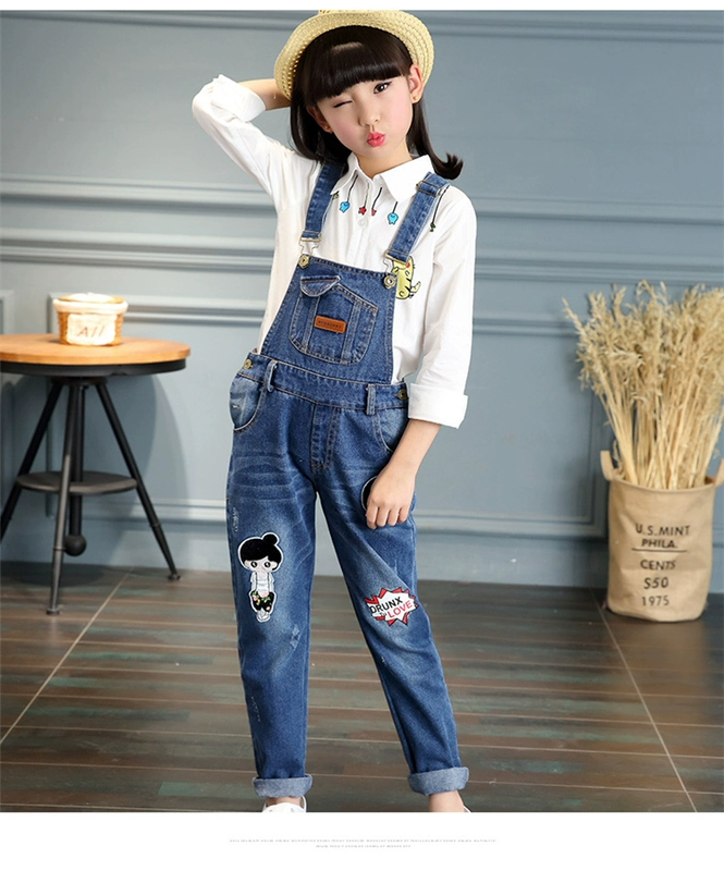 Quần yếm cho bé gái mùa xuân denim 8 10 10-11 đến 12 tuổi học sinh nữ quần áo nước ngoài quần jean nữ sinh