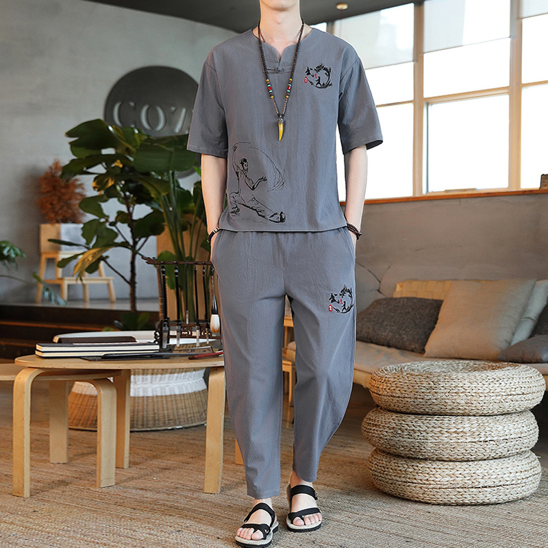 Chinese Style Linen Suit for Men, Retro Short-Sleeved T-Shirt, Buddhist Cotton and Linen Tang Suit, 2026 Summer New Clothing Set