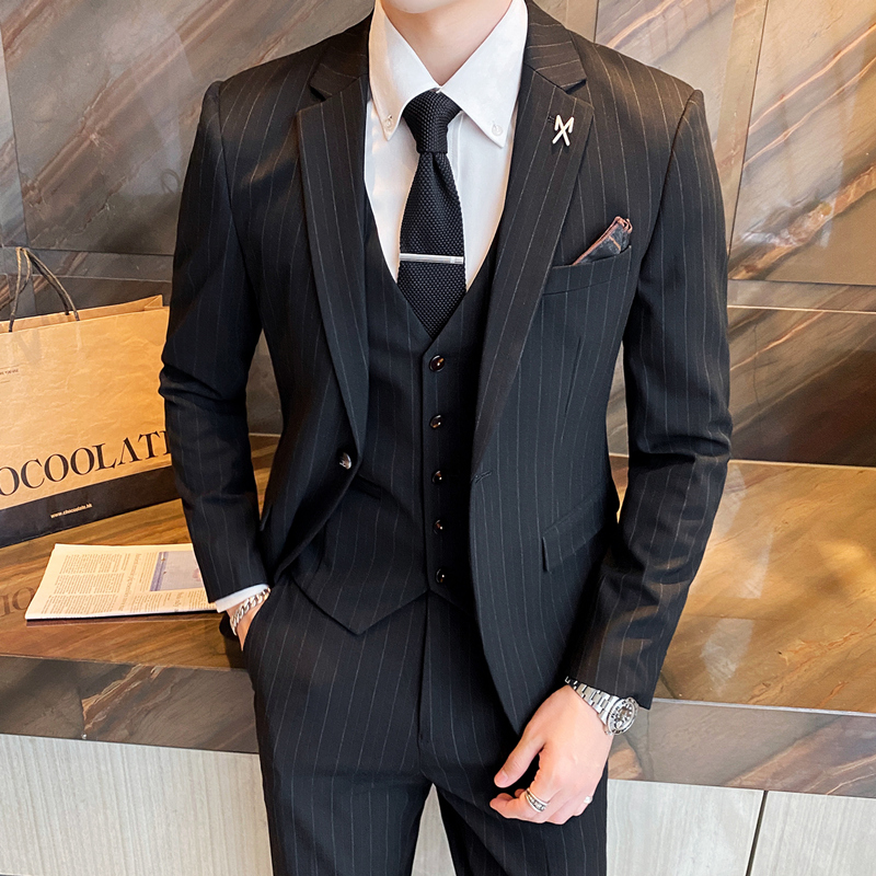ストライプスーツメンズスーツ結婚式新郎ドレススリムビジネスカジュアルメンズウェディングスーツ高級ブラック