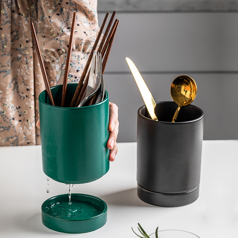 Nordic light luxury ceramic chopstick barrel household chopstick cage drain chopstick basket knife fork spoon shelf kitchen storage box bucket