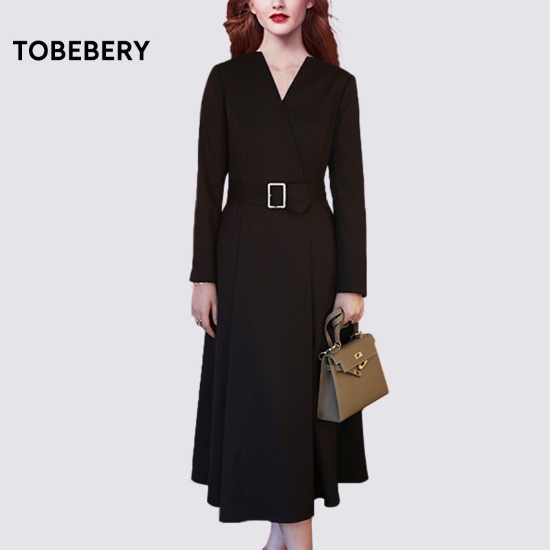 [Xiaowen Sisters X Shenzhen Tob] V-Neck Long-Sleeved Dress, Autumn Slim-Fit Mid-Length A-Line Dress