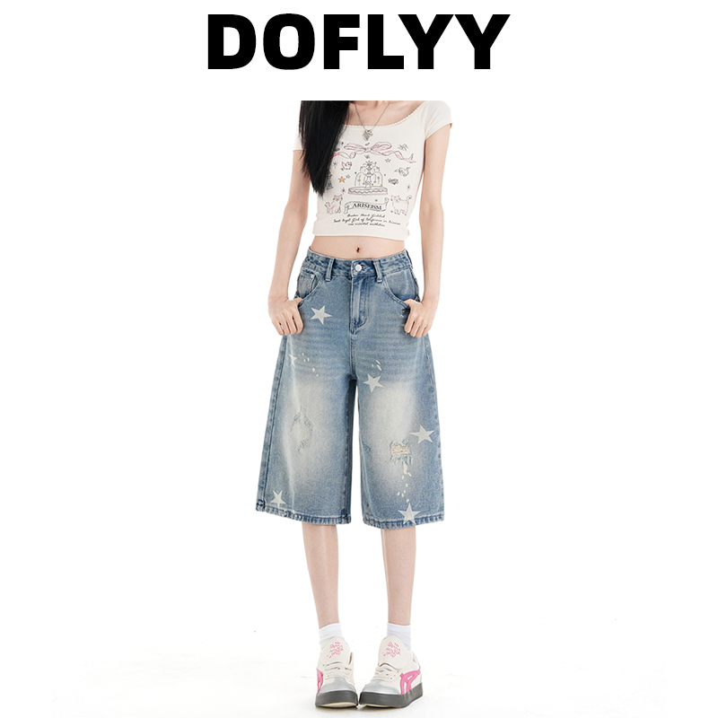 Doflyy Retro Ripped Star Print Cropped Jeans for Women 2026 New Style Petite High-Waisted Straight Mid-Length Pants Doflyy Retro Ripped Star Print Cropped Jeans for Women 2026 New Style Petite High-Waisted Straight Mid-Length Pants