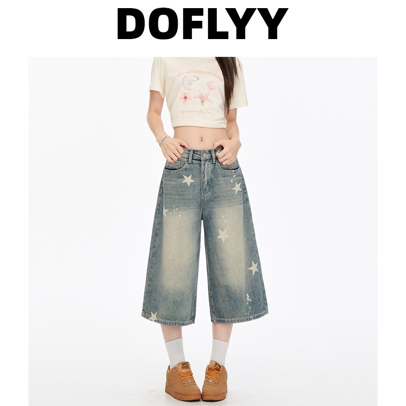 Doflyy Star Print Denim Shorts for Women 2026 Summer New American Retro Distressed Loose Versatile Capri Pants