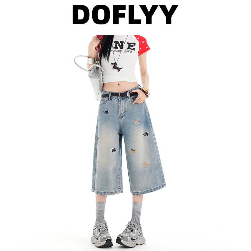 Doflyy American-Style Puppy Embroidered Cropped Jeans for Women 2026 Summer High-Waisted Loose Straight-Leg Petite Mid-Length Pants Doflyy American-Style Puppy Embroidered Cropped Jeans for Women 2026 Summer High-Waisted Loose Straight-Leg Petite Mid-Length Pants