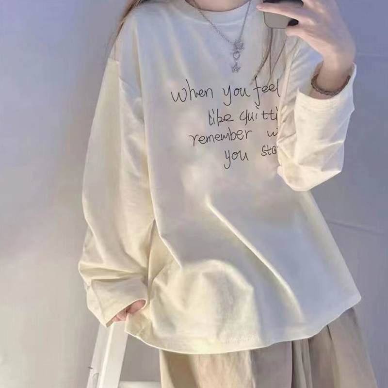 Long-Sleeved White T-Shirt for Women 2025 Autum New Style Student Korean Style Loose Cartoon Round Neck Inner Layering Shirt Ins Trend