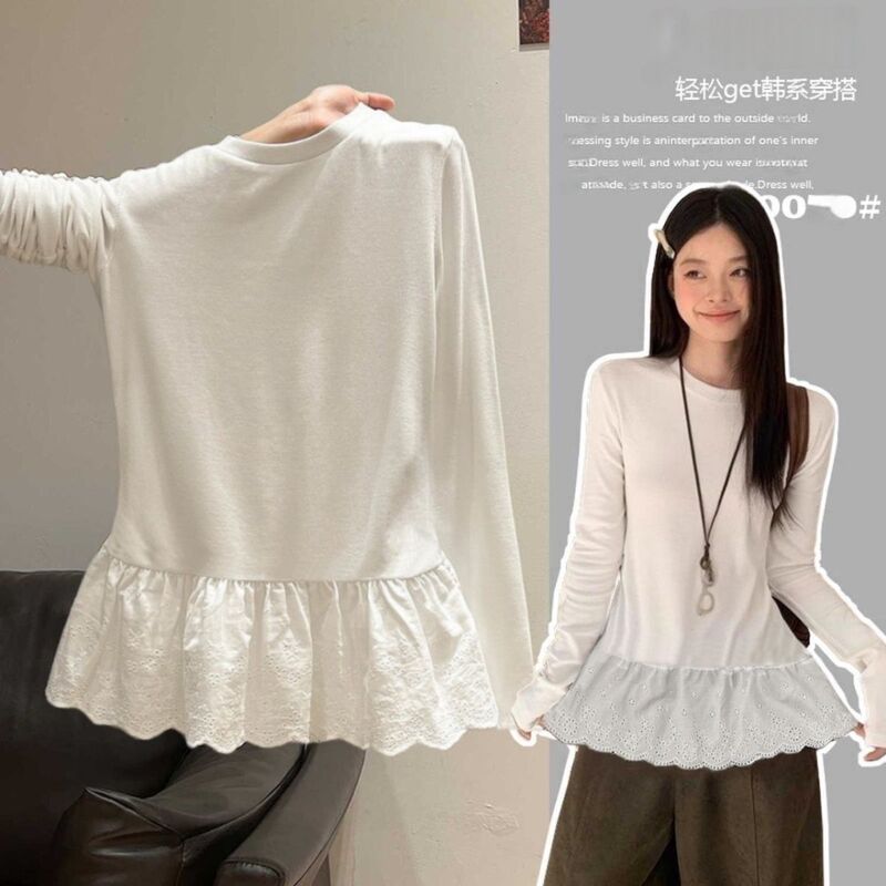 Round Neck Long-Sleeved T-Shirt for Women in Autumn and Winter, White Velvet Lace Trim, Slim Fit, Stylish, Versatile, Slimming Look Bottoming Shirt for Women Ins