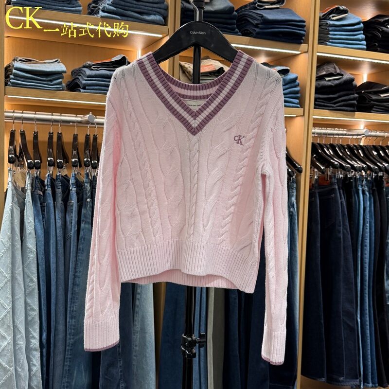 Calvin Klein/Ck Jeans Women's 2026 Autumn Retro Trimmed V-Neck Knitted Sweater A47H394G