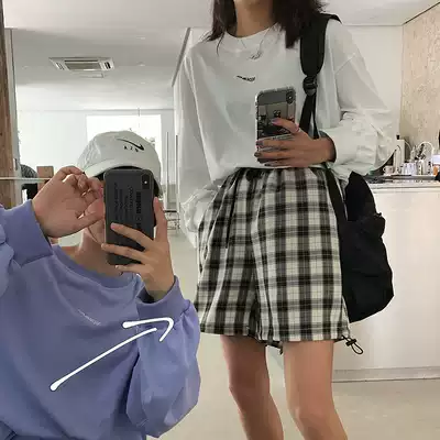 BLACK homemade suit plaid shorts women 2021 summer loose Korean version of ins tide Plaid drawstring closing five-point pants