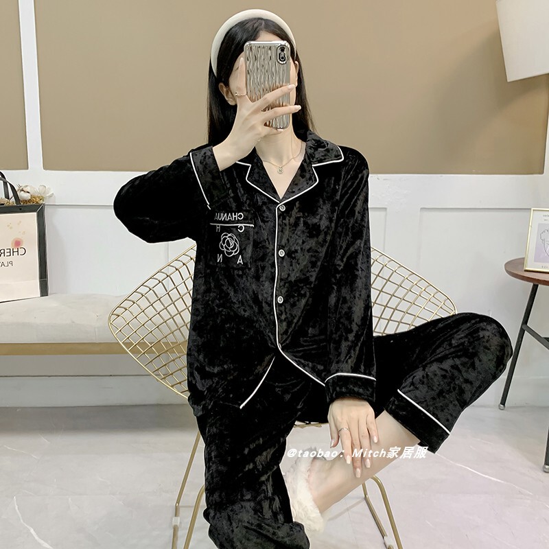 Velvet Pajamas for Women, Autumn and Winter, Internet Celebrity Style, Camellia Design, Light Luxury, High-End Feel, Gold Velvet, Spring and Autumn Homewear Set