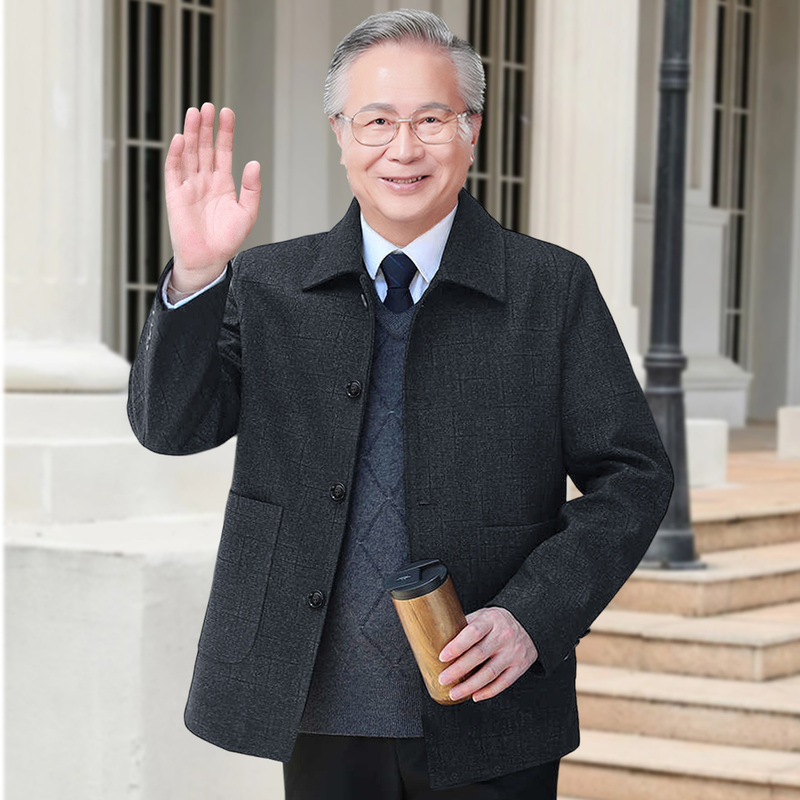 Elderly Grandfather's Autumn Coat, Thick Style, Middle-Aged and Elderly Men's Woolen Jacket, Loose Fit, Dad's Spring and Autumn Outerwear