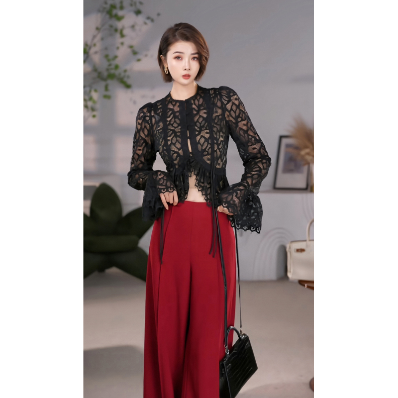 Xulu Original French Soft Lace Hollow-Out Round Neck Lace Cardigan with Irregular Drawstring Ruffle Flared Sleeves Top Xulu Original French Soft Lace Hollow-Out Round Neck Lace Cardigan with Irregular Drawstring Ruffle Flared Sleeves Top