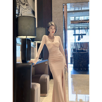 Xulu ຕົ້ນສະບັບ linen crystal ໃຫມ່ stitching ເບິ່ງຜ່ານ spandex ຕາຫນ່າງແສງສະຫວ່າງ temperament ຟຸ່ມເຟືອຍ sexy ແລະ elegant dress ຄໍ v