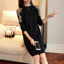 Womens long sweater dress autumn 2021 womens fashion lace medium-long base shirt womens foreign style autumn and winter wild