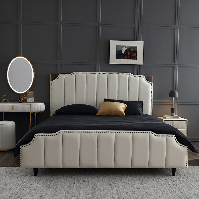 Postmodern light and luxurious double bed master bedroom with American genuine leather bed minimalist Nordic solid wood soft-covered wedding bed innet red bed