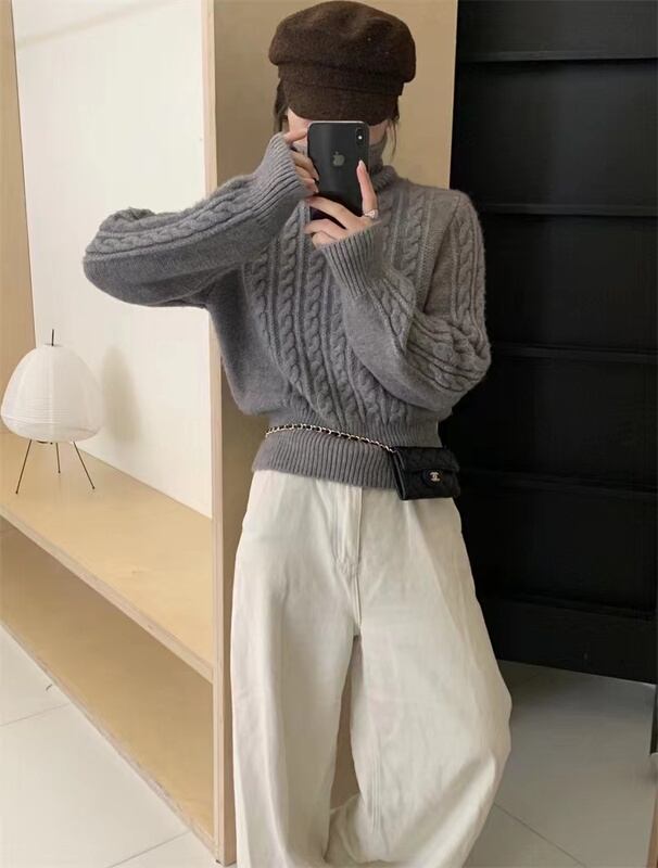 Autumn and Winter Gray Lazy Style Cable Knit Turtleneck Sweater for Women, Winter Solid Color Thick Loose Base Layer Top Autumn and Winter Gray Lazy Style Cable Knit Turtleneck Sweater for Women, Winter Solid Color Thick Loose Base Layer Top