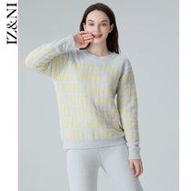 IIZZINI stay-at-home woman winter long sleeves soft cotton warm letters Decorative Long Pants Sleeping Suit