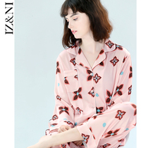IIZZINI home clothes women Spring and Autumn long sleeves Ice Silk Clover print trousers silk pajamas set women