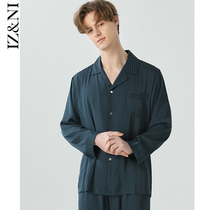 IIZZINI 2022 Sleepwear Male Spring Autumn Long Sleeve Ice Silk Long Sleeve Sea Green Luxurious Long Pants Home Suit Suit
