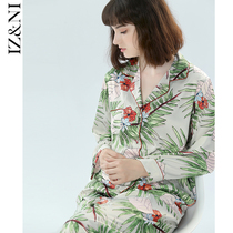 IIZZINI pajamas women Autumn long sleeve Ice Silk oleander print loose trousers sweet beauty home suit