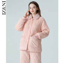 IIZZINI original 2021 pyjamas woman winter long sleeve coral suede clip cotton plus suede thickened wool collar home suit suit