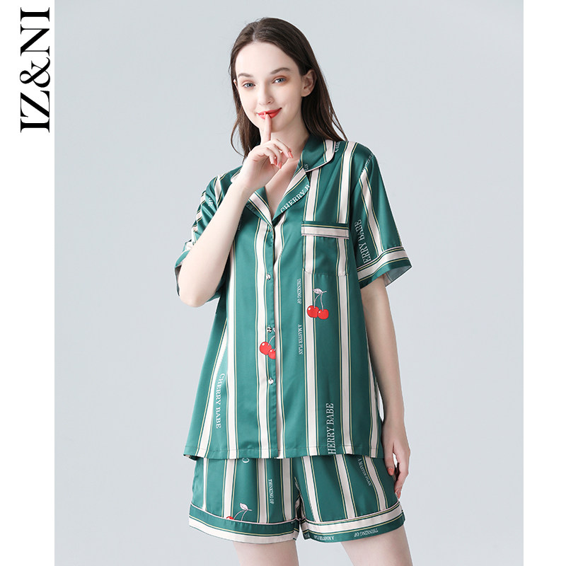 IIZZINI home conserved female summer short sleeve thin section of ice silk vertical stripe cherry printed shorts sleeppants set of pants