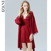 IIZZINI original 2021 morning gown women spring summer ice silk sling lace wine red wedding dress robe bathrobe