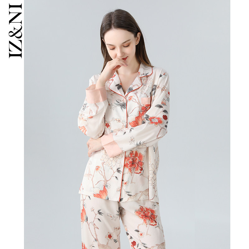 IIZZINI original 2022 pyjamas women's spring and autumn long sleeve ice silk Chinese windy flower luxury home suit suit