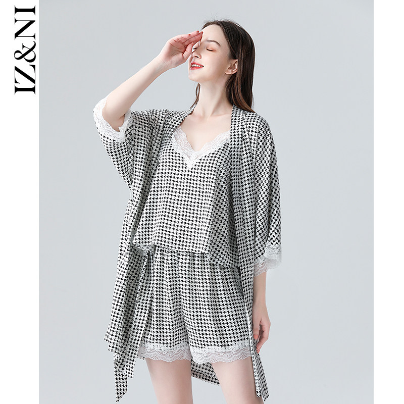 IIZZINI 2022 pajamas women's summer thin ice silk houndstooth suspender shorts sweet home clothes 3-piece suit