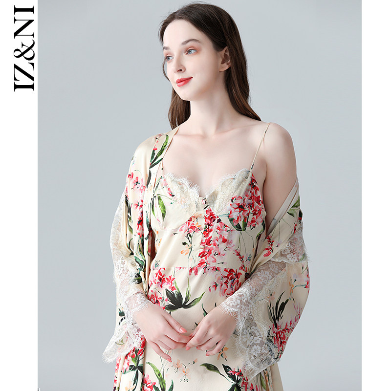 IIZZINI original 2022 nightgown women's spring and summer thin silk cotton Chinese style suspenders 2-piece luxury bathrobe