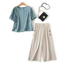 Export France Foreign trade Original single light extravagant special cabinet Cut elevation end Summer cotton linen blouse Coloured broadlegged trouser suit