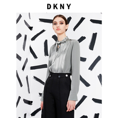 женская рубашка dkny2021年秋冬新款垂感醋酸缎面打褶飘带领浅绿色女式衬衫上衣