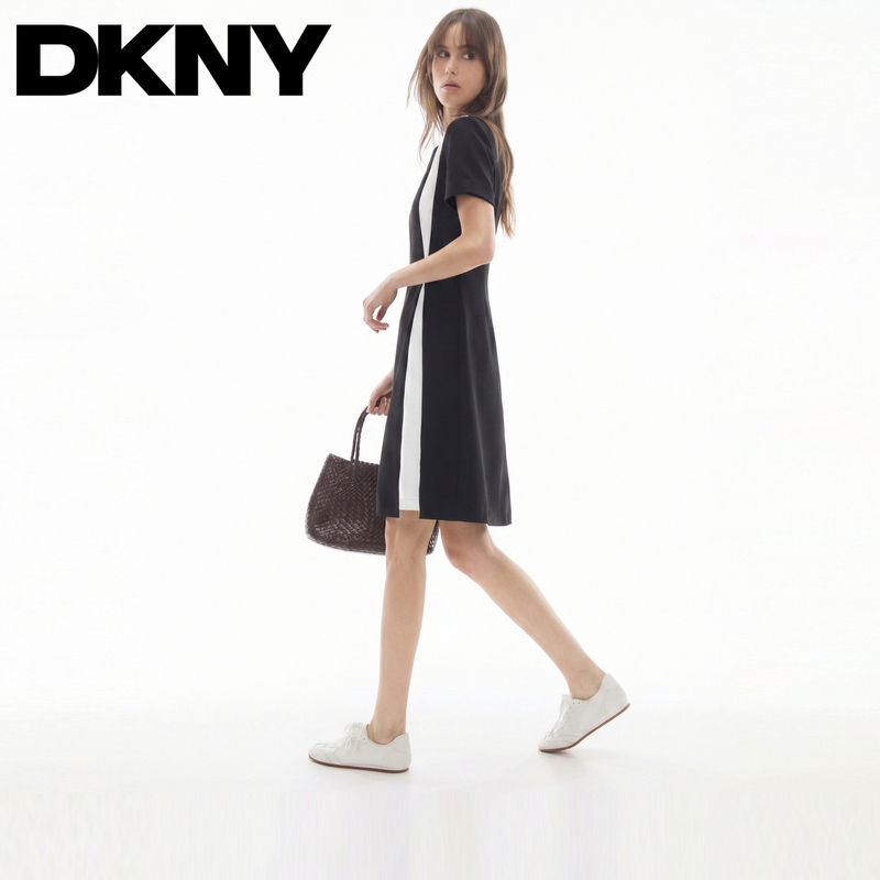 Dkny Tang Kenaier 26 New Summer Style Contrasting Color Splicing Short-Sleeved Dress for Women, Waist Slimming, Casual and Simple Dkny Tang Kenaier 26 New Summer Style Contrasting Color Splicing Short-Sleeved Dress for Women, Waist Slimming, Casual and Simple