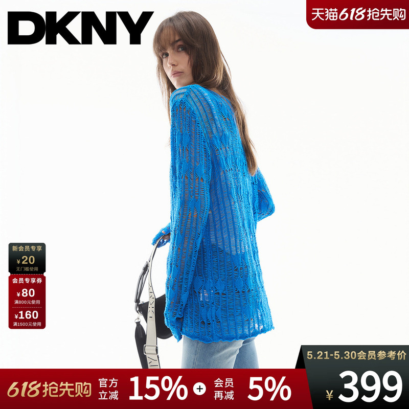 Dkny Tang Kenaier 26 New Summer Long-Sleeved Knitted Blouse for Women, Blue Hollow-Out Diamond Pattern Design