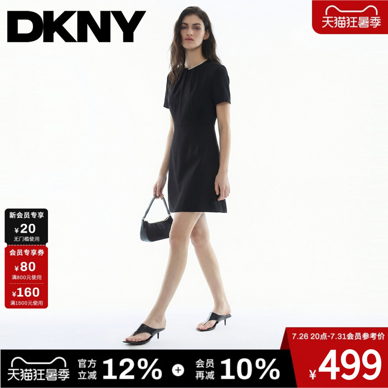Dkny Tang Kenaier 26 New Summer Short-Sleeve Dress for Women, Black Straight-Cut Diamond Collar Casual Simple A-Line Trendy