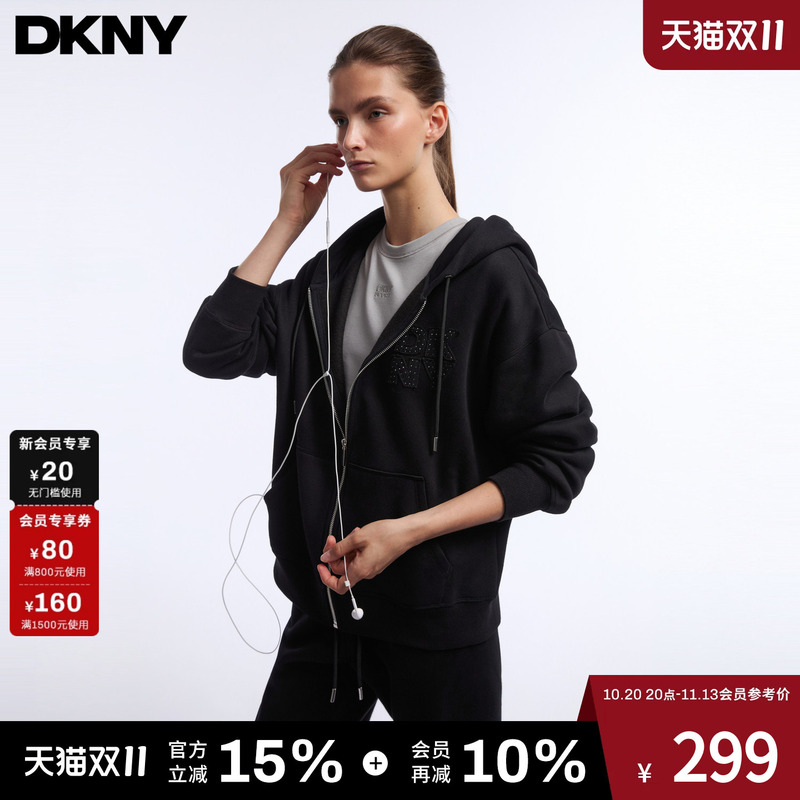 Dkny Sport Tang Kenaer 26 Autumn and Winter New Hooded Sweatshirt Women's Rhinestone Patch Logo Jacket Top
