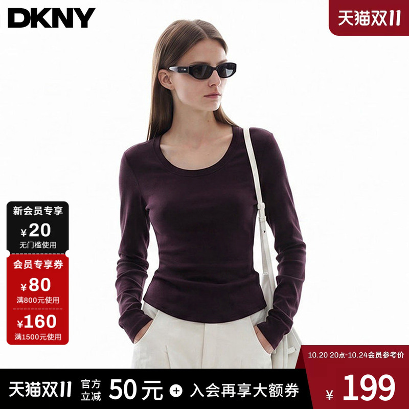 [Cotton and Wool Blend] Dkny Tang Ke Naer Spring and Autumn Slim-Fit Long-Sleeve T-Shirt for Women, Stylish and Unique Base Shirt Top