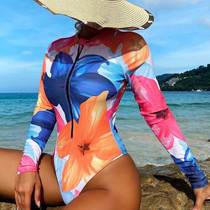 Cross-border 2024 European and American new digital printed high collar zipper Amazon bikini triangle one-piece surf suit for women