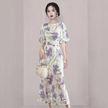 Gentle style French puff sleeve temperament purple printed dress womens new summer new waist slimming fishtail skirt