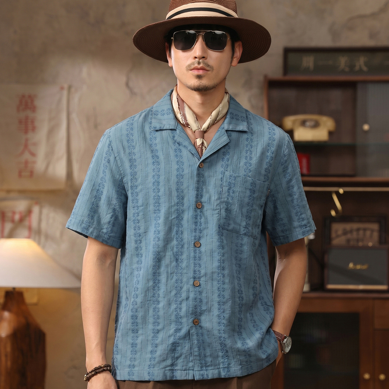 American Retro Cuban Collar Striped Shirt Short-Sleeved Men's Summer New Hawaiian Seaside Vacation Casual Shirt for Men American Retro Cuban Collar Striped Shirt Short-Sleeved Men's Summer New Hawaiian Seaside Vacation Casual Shirt for Men