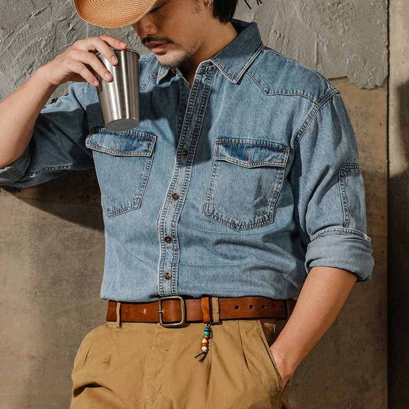 American Retro Western Denim Shirt for Men, Amekaji Long-Sleeve Workwear Washed Shirt, Tough Guy Style