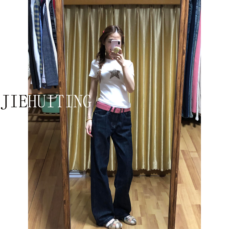High-Waisted American Retro Raw Denim Straight-Leg Jeans for Tall Women, Spring Season Slimming Wide-Leg Floor-Length Pants